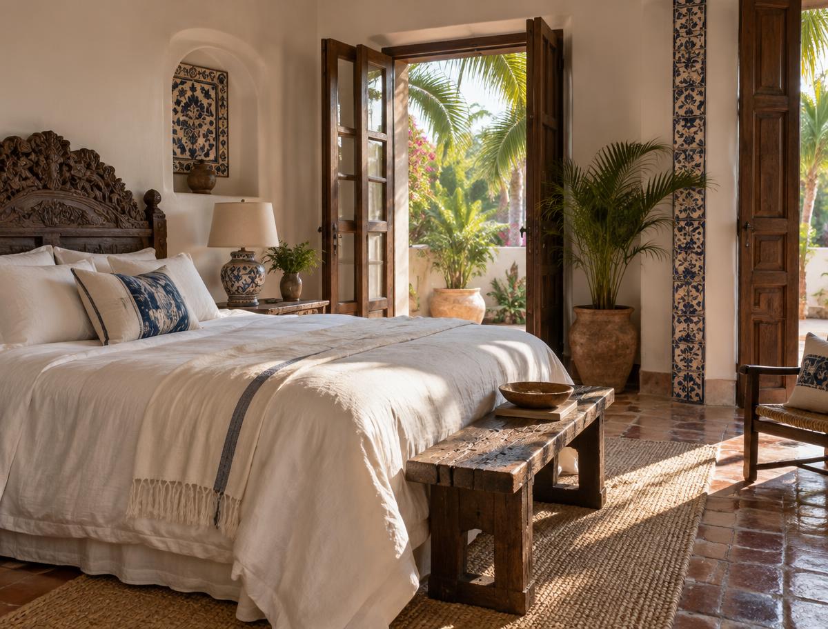 Illustrative light-filled Mexican-style room with crisp white linens