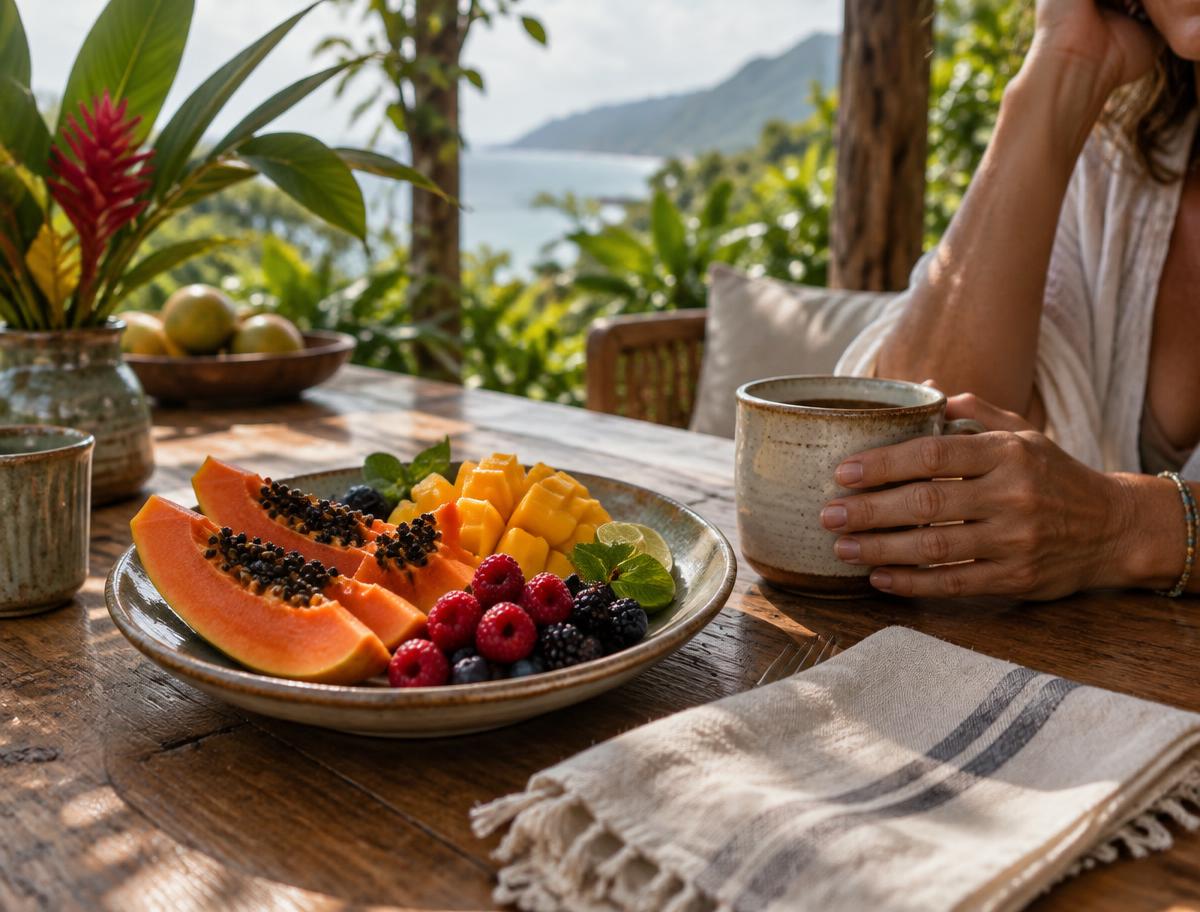 Tropical fruit and tea at an unhurried terrace breakfast