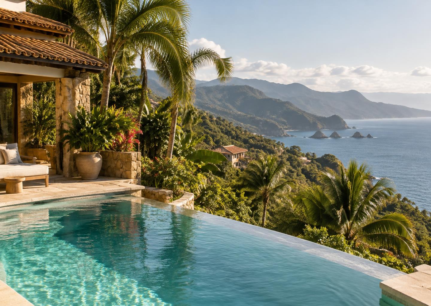 An illustrative tropical pool terrace overlooking the Pacific