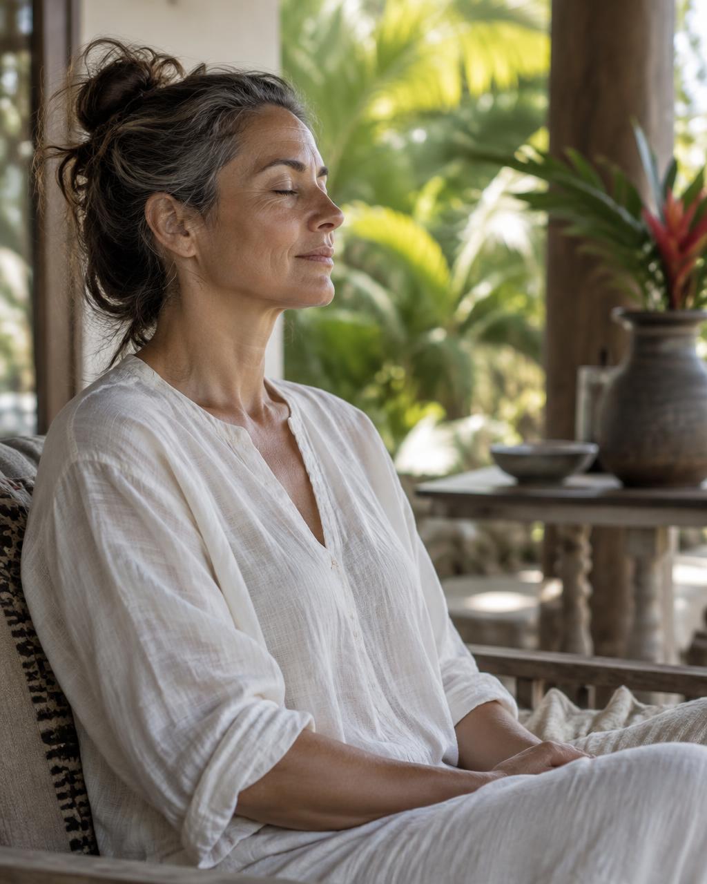 A quiet moment of breathing on a shaded tropical terrace